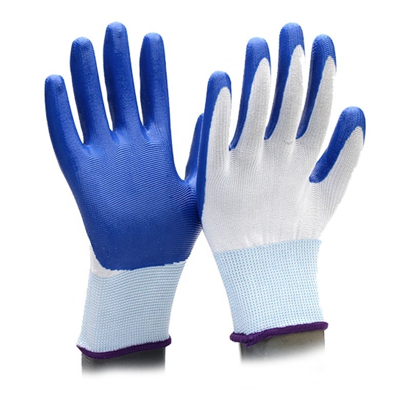 Oil and acid resistant blue nitrile semi-covered protective gloves