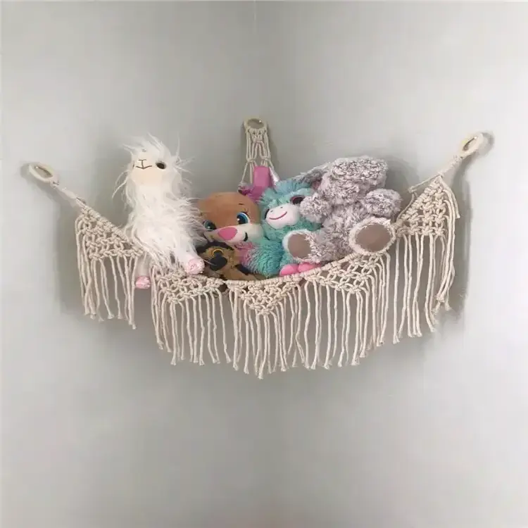 New Toy Corner Hammock Large Size Macrame Toy Hammock with Wood Beads and Tassels Macrame Stuffed Animal Toy Storage Hammock