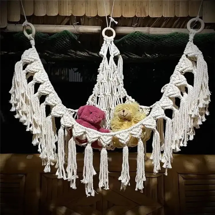 New Toy Corner Hammock Large Size Macrame Toy Hammock with Wood Beads and Tassels Macrame Stuffed Animal Toy Storage Hammock