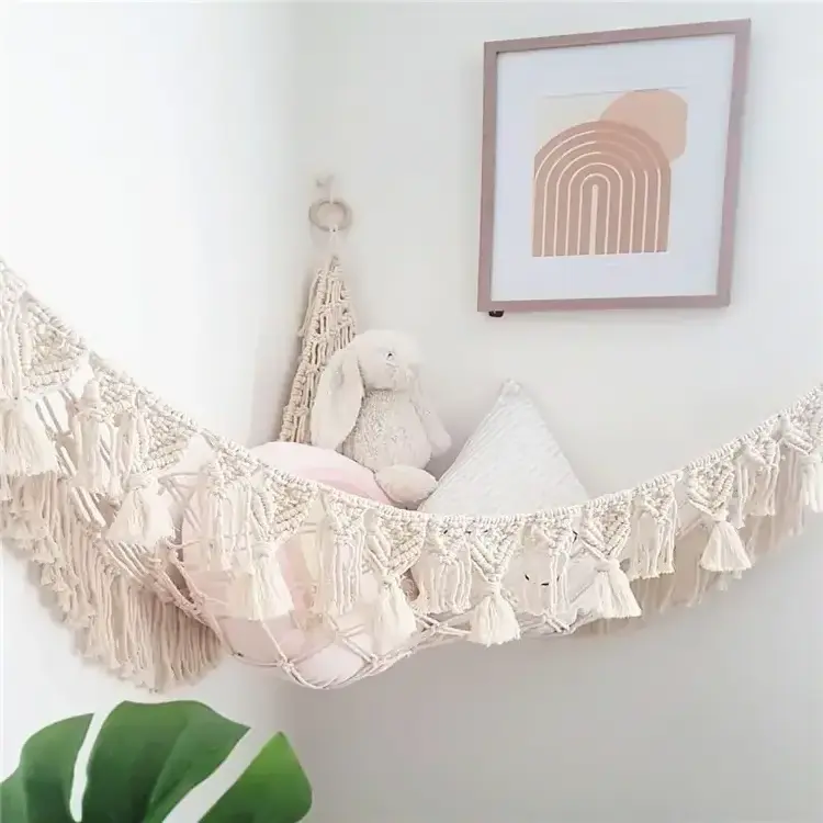 New Toy Corner Hammock Large Size Macrame Toy Hammock with Wood Beads and Tassels Macrame Stuffed Animal Toy Storage Hammock