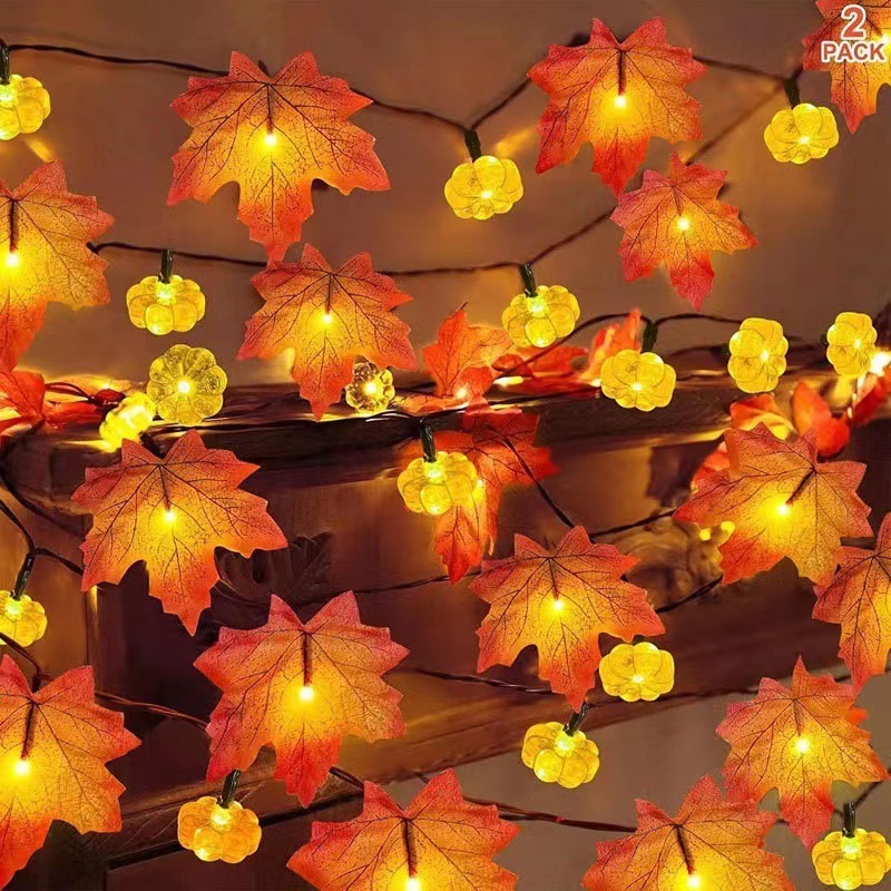 LED Pumpkin and Maple Leaf Lights Solar Light  Thanksgiving String Lights For Fall Thanksgiving Day Indoor Outdoor Decorations