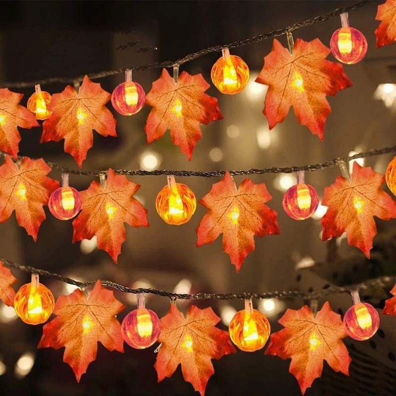 LED Pumpkin and Maple Leaf Lights Solar Light  Thanksgiving String Lights For Fall Thanksgiving Day Indoor Outdoor Decorations