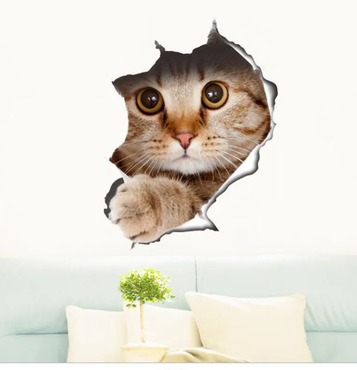 Hole View Cats 3D Wall Sticker Bathroom Toilet Living Room Decoration Animal Vinyl Decals Art Sticker Wall Poster