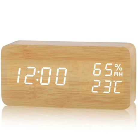 Alarm Clock LED Digital Wooden USB Powered Table Watch With Temperature Humidity Voice Control Snooze Electronic Desk Clocks