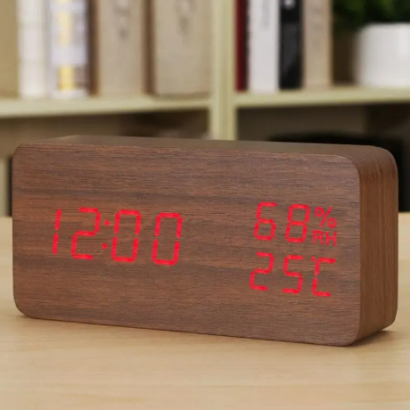 Alarm Clock LED Digital Wooden USB Powered Table Watch With Temperature Humidity Voice Control Snooze Electronic Desk Clocks