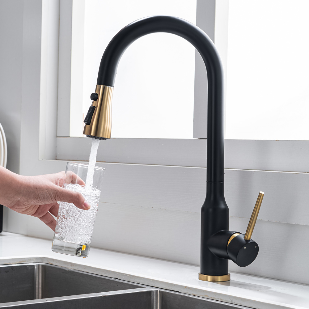 Kitchen Faucet Matte Black Gold Mixing Faucet Pull Out Deck Mount Bathroom Sink Faucet Hot & Cold Water