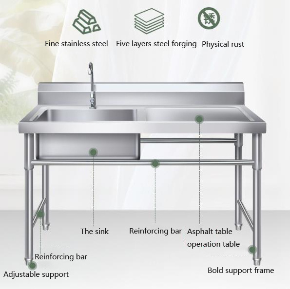 Large Size Sink Stainless Steel Freestanding Sink With Drainer Board For Commercial Kitchen