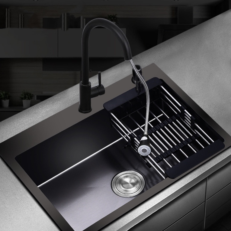 Black Stainless Steel Sink Large Single Wash Basin Under Counter Handmade Kitchen Sink