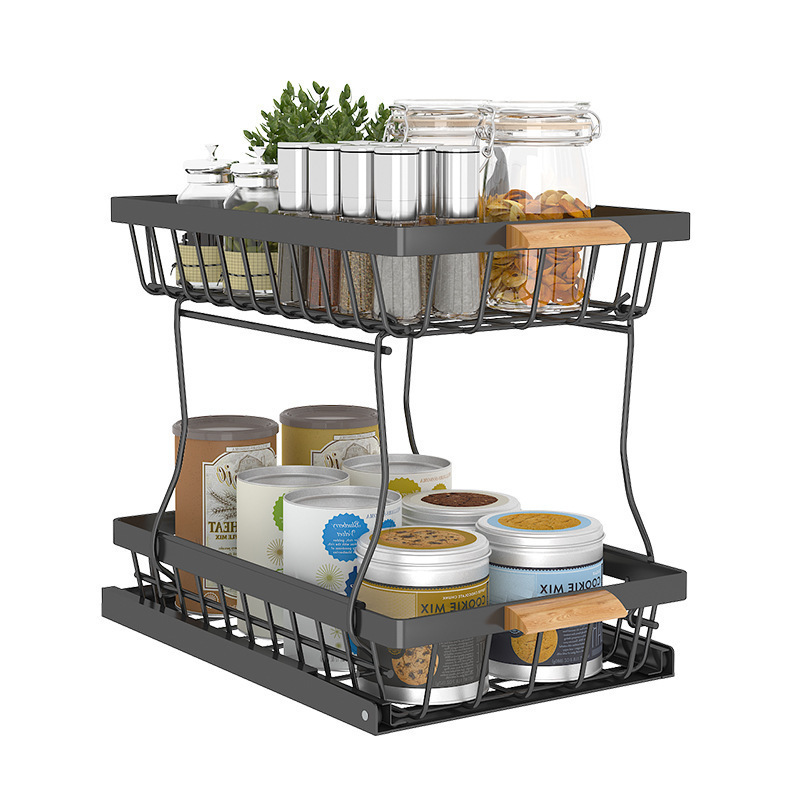 QL324 Under The Kitchen Organizer With Slide Rail Double-layer Pull-out Cabinet Seasoning Telescopic Kitchen Storage Holder