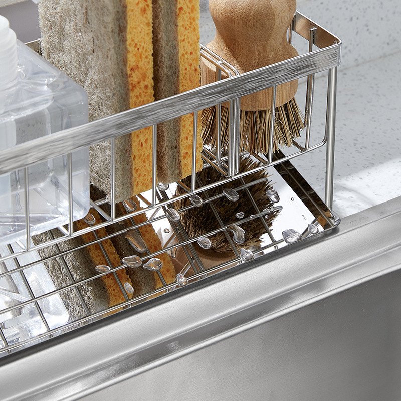 FF2224 Multifunctional Kitchen Sponge Holder with Drain Tray Soap Dispenser Dish Brush Organizer Stainless Steel Sink Caddy