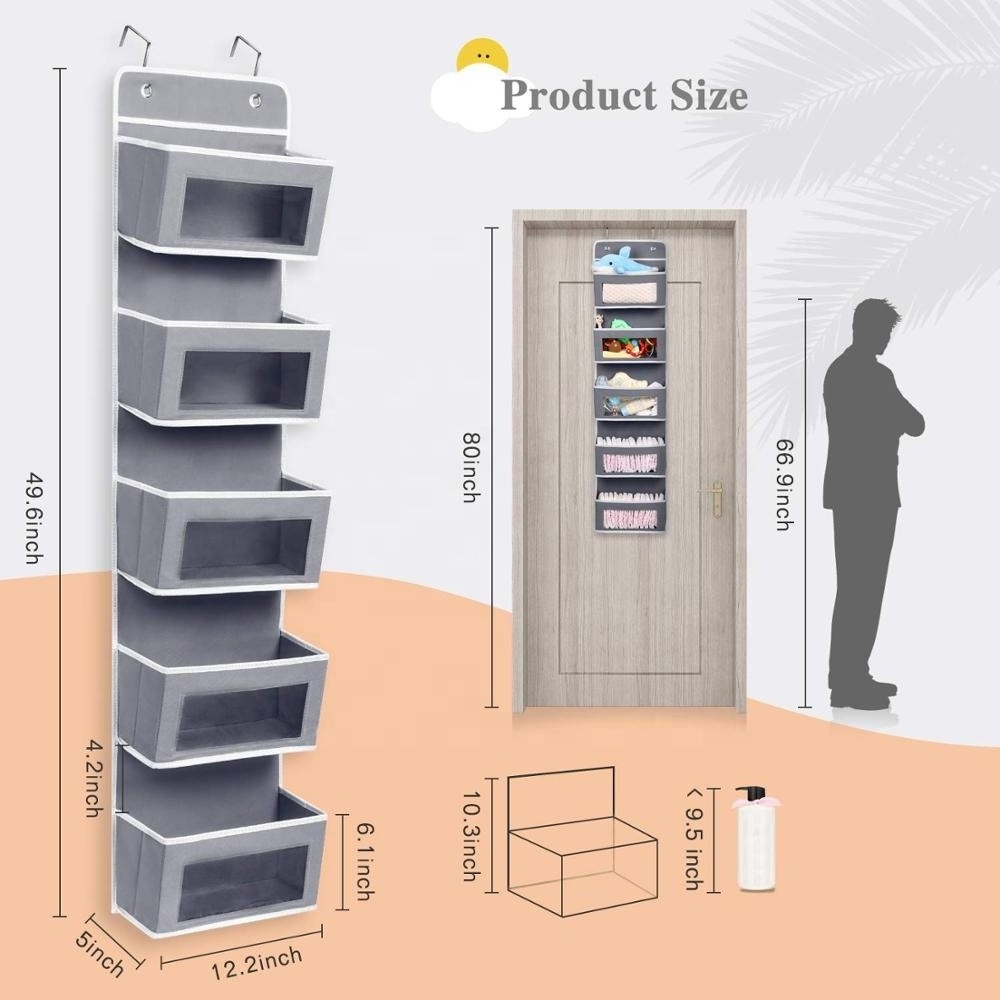 FF297 Non Woven Organizer Wall Mount Storage Bag with Clear Window 2 Sturdy Hooks 5 Large Pockets Hanging Closet Organizer