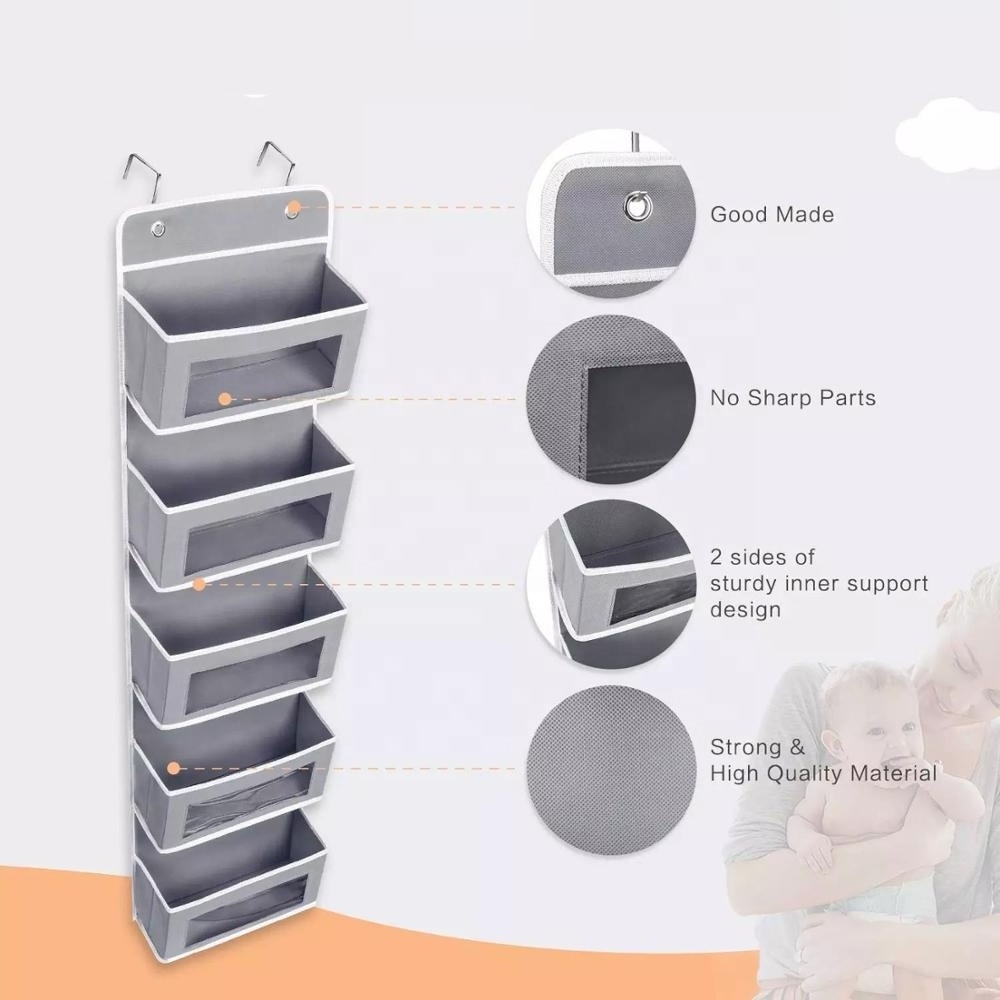 FF297 Non Woven Organizer Wall Mount Storage Bag with Clear Window 2 Sturdy Hooks 5 Large Pockets Hanging Closet Organizer