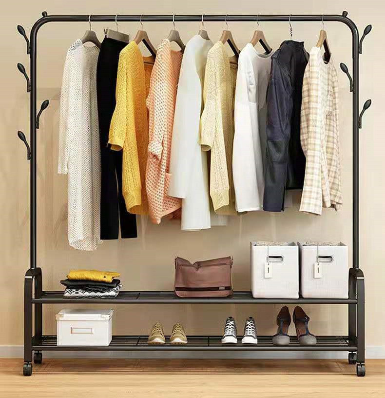 ZQ29 Metal Wardrobe Closet System Shelves Portable Clothes Storage Rack Heavy Duty Black Color Home Garment Shelf