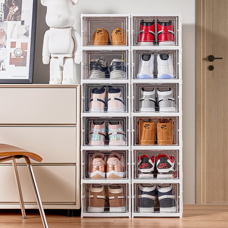 FF1681 Free Installation Plastic Sneaker Cabinet Bins Foldable Shoe Storage Boxes Stackable Sturdy Clear Shoe Box