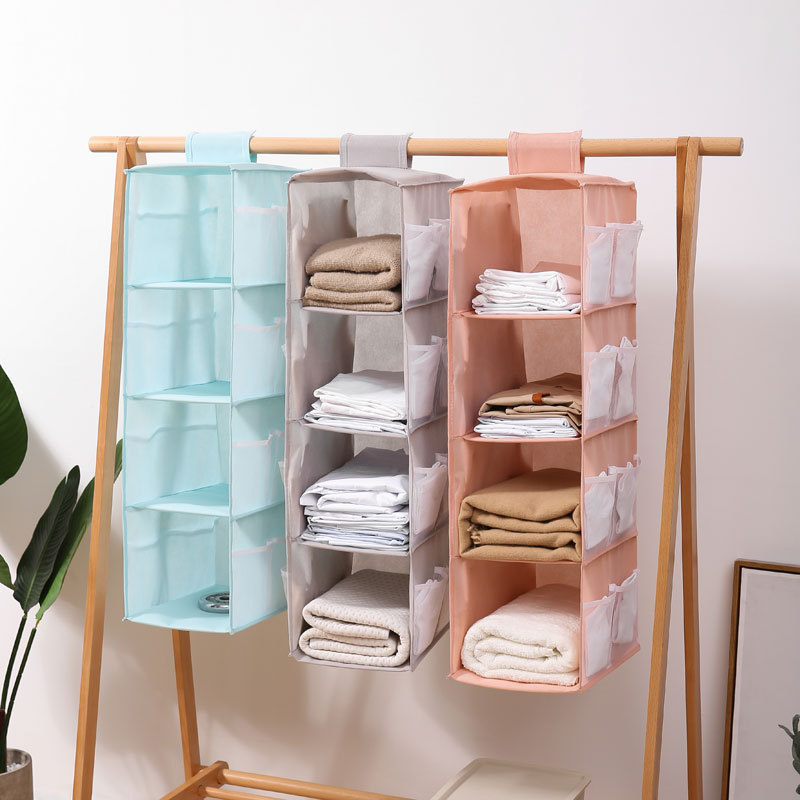 FF1105 Oxford Fabrics 4-Tier Collapsible Hanging Storage Shelves with 6 Side Pockets for Clothes Shoes Hanging Closet Organizer