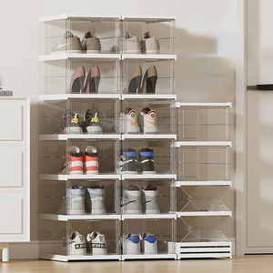 FF1683 Sturdy Collapsible Plastic Sneaker Cabinet Bins Free Installation Foldable Shoe Storage Boxes Stackable Clear Shoe Box