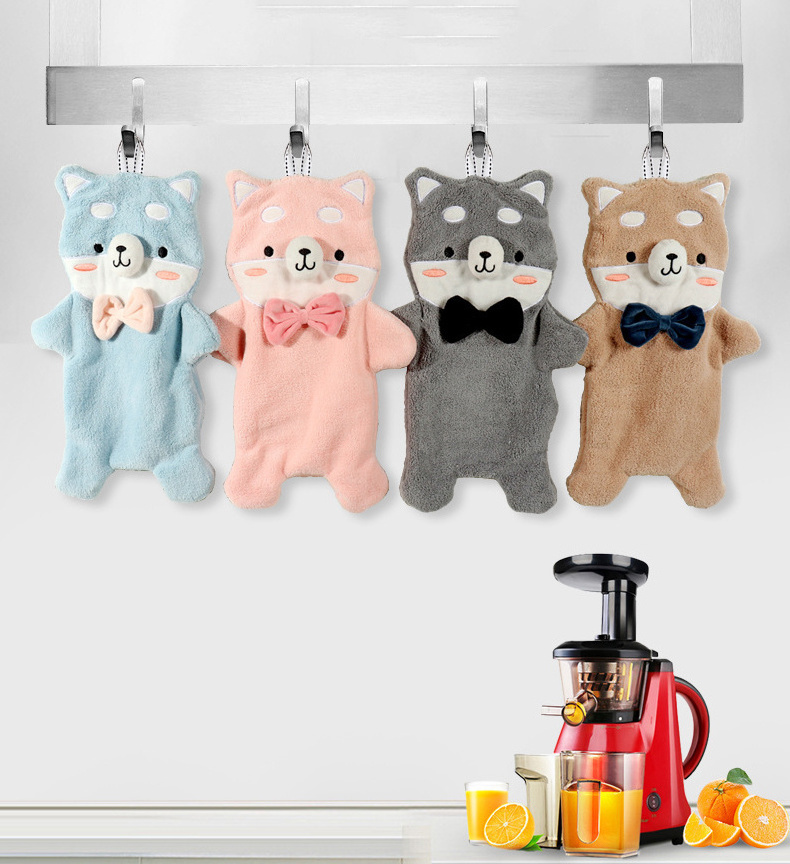 DS976 Absorbent Fast Drying Coral Fleece Household Kitchen Hanging Cleaning Cloth Handkerchief Cartoon Bear Hanging Hand Towel