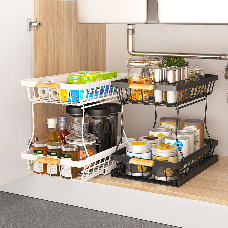 QL324 Under The Kitchen Organizer With Slide Rail Double-layer Pull-out Cabinet Seasoning Telescopic Kitchen Storage Holder