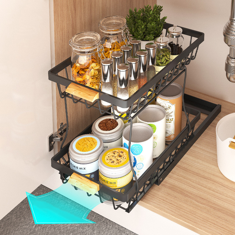 QL324 Under The Kitchen Organizer With Slide Rail Double-layer Pull-out Cabinet Seasoning Telescopic Kitchen Storage Holder