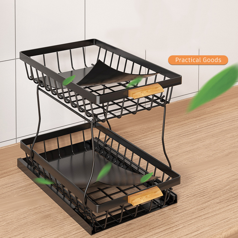 QL324 Under The Kitchen Organizer With Slide Rail Double-layer Pull-out Cabinet Seasoning Telescopic Kitchen Storage Holder