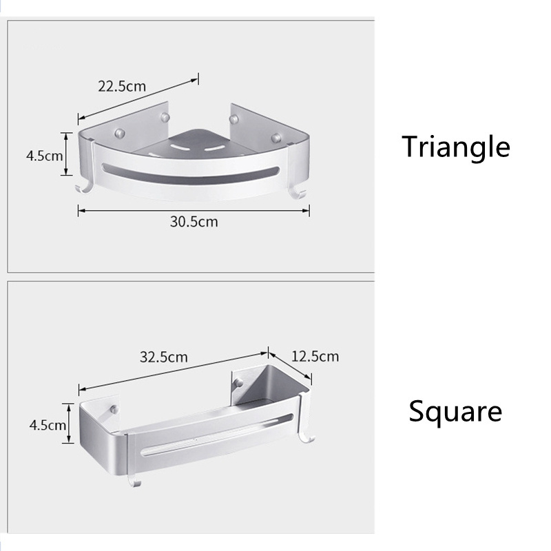 FF271 Aluminum Triangle Square Corner Shower Caddy No Drilling Bathroom Storage Rack with Hooks Wall Mounted Bathroom Shelf