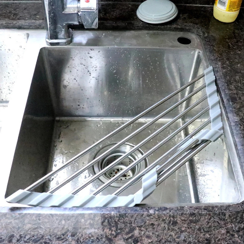 DS1454  Kitchen Sink Drain Rack Stainless Steel Dish Drainer Foldable Roll Up Triangle Dish Drying Rack For Sink Corner