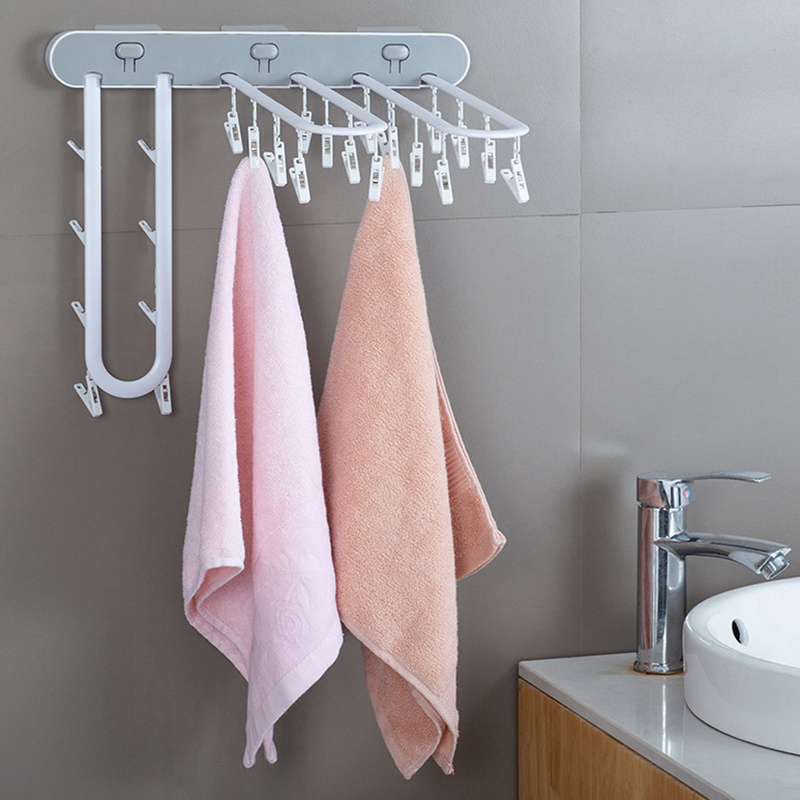 FF638 Wall Mounted Cloth Drying Hangers Laundry Drying Rack Foldable Underwear Towel Socks Clip Hangers