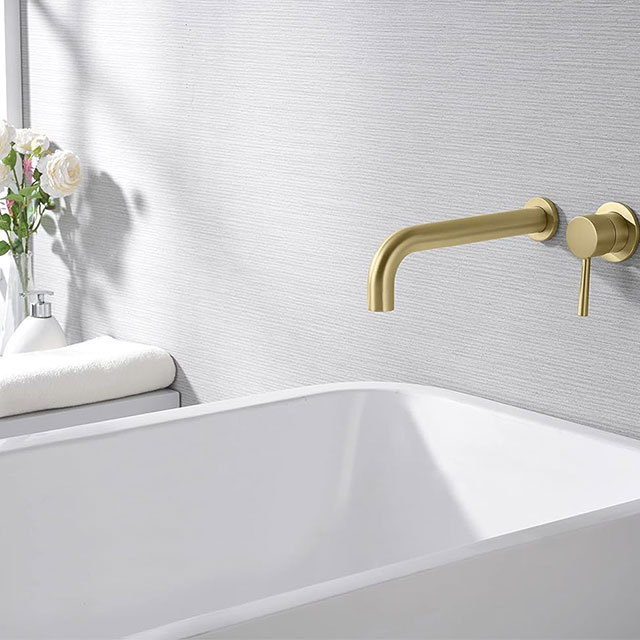 Wall Mount Bath Tub Faucet Brushed Gold Tub Filler Extra Long Spout with High Flow Rate Basin faucet wall mount