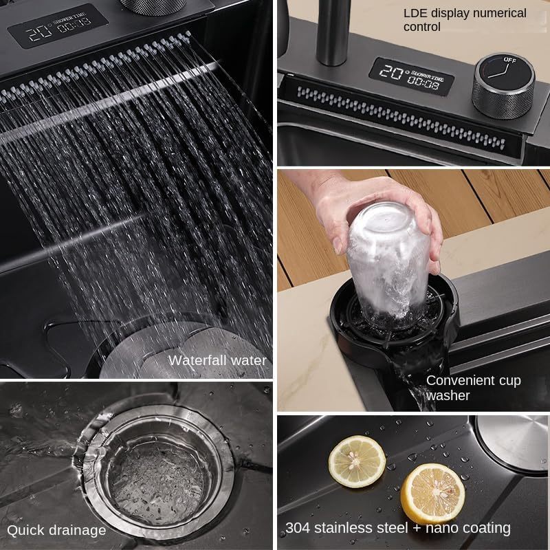 304 kitchen sinks  Double Vessel Kitchen Sink with Digital Display Piano Button Waterfall Wash Sink stainless faucet