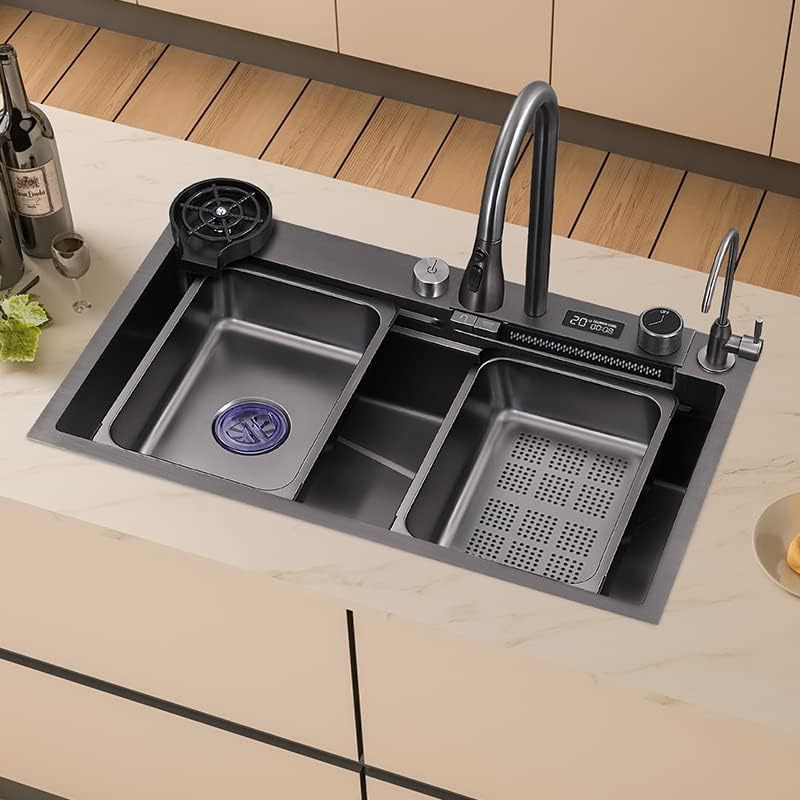 304 kitchen sinks  Double Vessel Kitchen Sink with Digital Display Piano Button Waterfall Wash Sink stainless faucet