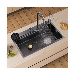 304 kitchen sinks  Double Vessel Kitchen Sink with Digital Display Piano Button Waterfall Wash Sink stainless faucet