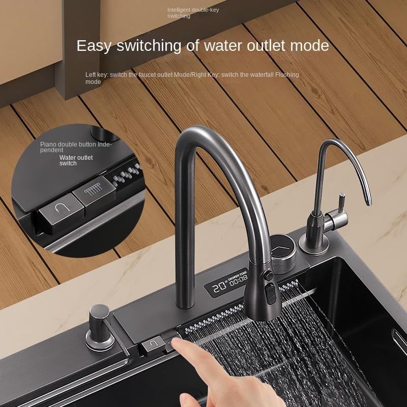 304 kitchen sinks  Double Vessel Kitchen Sink with Digital Display Piano Button Waterfall Wash Sink stainless faucet