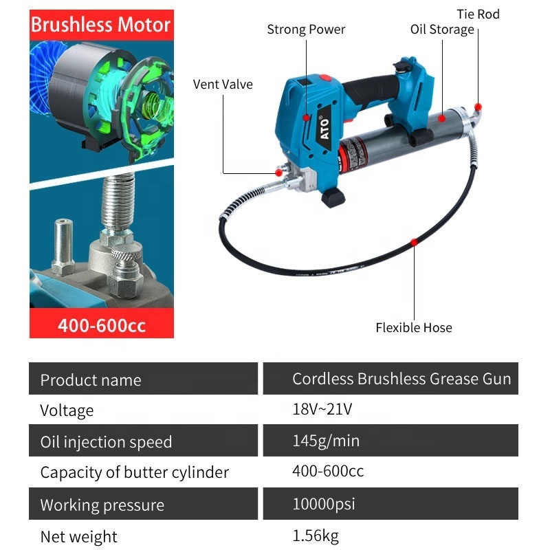 ATO Electric Grease Pump 600cc High Pressure 10000psi Car Tool Cordless Brushless Grease Gun