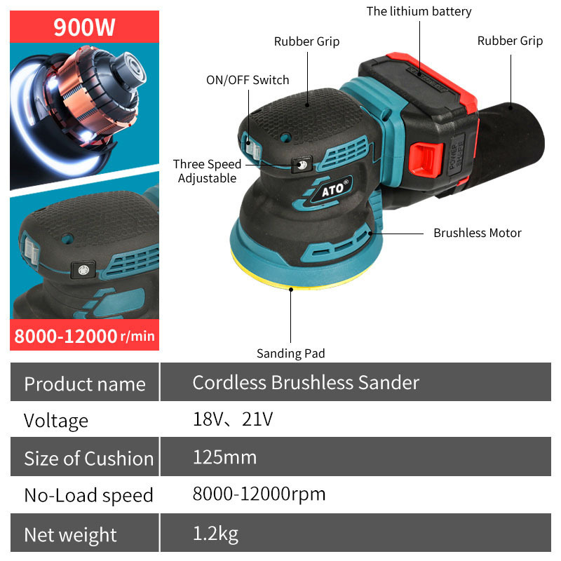 ATO Portable Electric Sanding Machine Woodworking Cordless High-speed Sandpaper Grinding Machine Brushless Sander