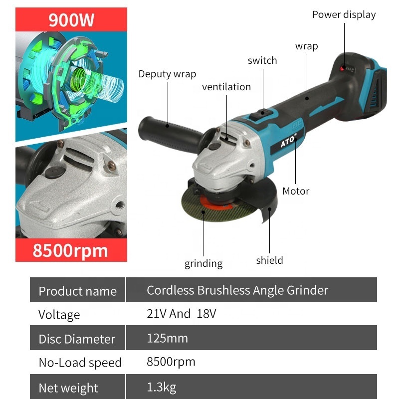 ATO Cordless Tools Cutting Metal Stone Woodworking Grinding Machine 100mm/125mm Electric Polishing Brushless Angle Grinder