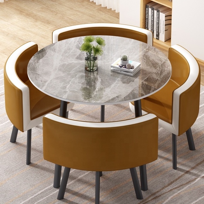 Modern Space Saving marble top and metal leg cheap round dining table and chairs 4 seater latest designs of  Coffee Table set