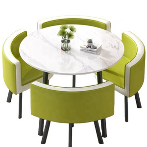 Modern Space Saving marble top and metal leg cheap round dining table and chairs 4 seater latest designs of  Coffee Table set