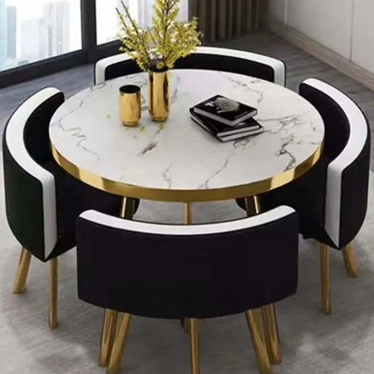 2023 Cheap Price Golden Fashion Restaurant Dining Table And Chairs Set Cafe Dinner Furniture Wooden Marble Round Table 4 Seater