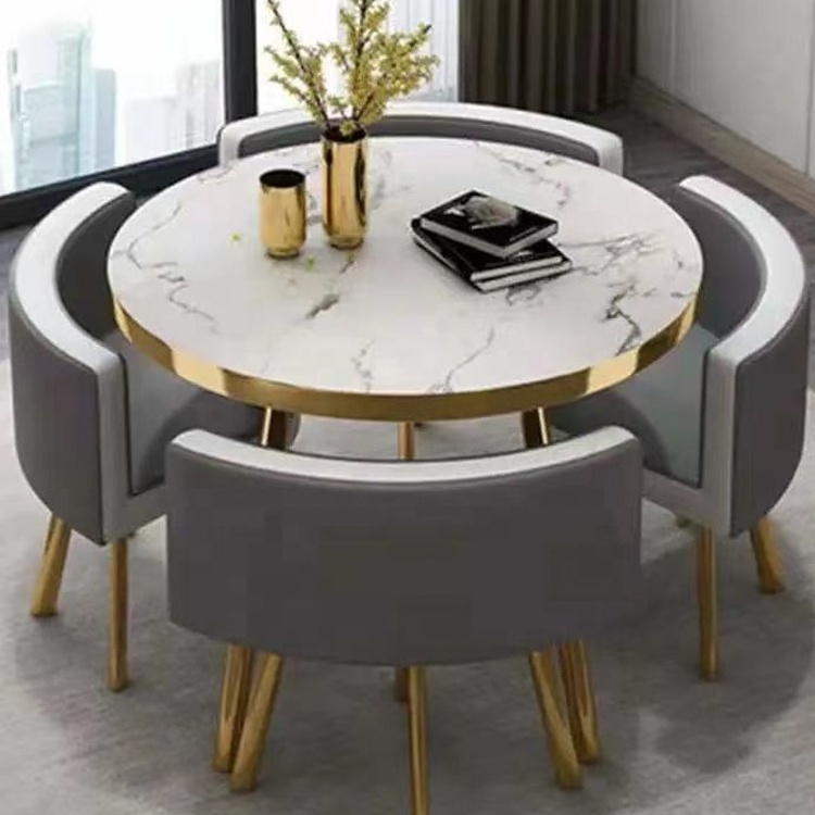 2023 Cheap Price Golden Fashion Restaurant Dining Table And Chairs Set Cafe Dinner Furniture Wooden Marble Round Table 4 Seater