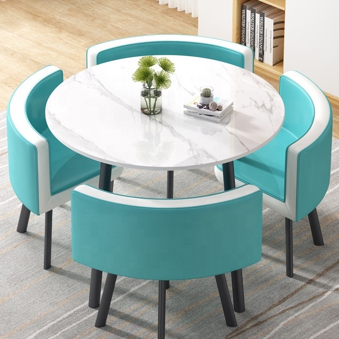 Modern Space Saving marble top and metal leg cheap round dining table and chairs 4 seater latest designs of  Coffee Table set