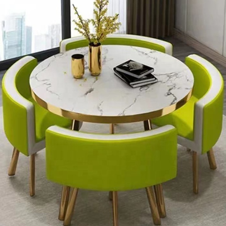 2023 Cheap Price Golden Fashion Restaurant Dining Table And Chairs Set Cafe Dinner Furniture Wooden Marble Round Table 4 Seater