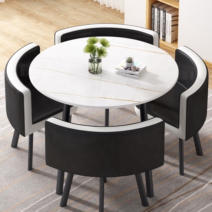 Modern Space Saving marble top and metal leg cheap round dining table and chairs 4 seater latest designs of  Coffee Table set