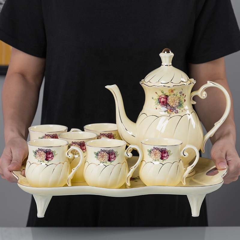 8 Pc Luxury British Coffee Cup Set with Golden Trim,  Beautiful Porcelain Tea Pot With 6 Cups & Tea Tray, For Living Room Decor