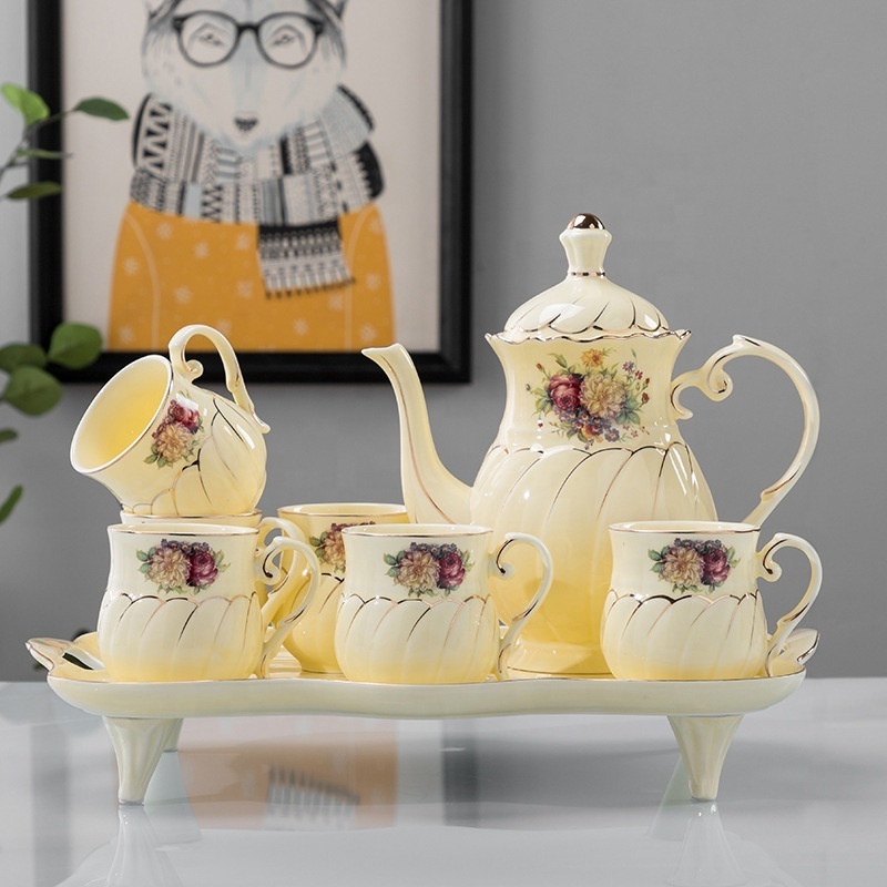 8 Pc Luxury British Coffee Cup Set with Golden Trim,  Beautiful Porcelain Tea Pot With 6 Cups & Tea Tray, For Living Room Decor