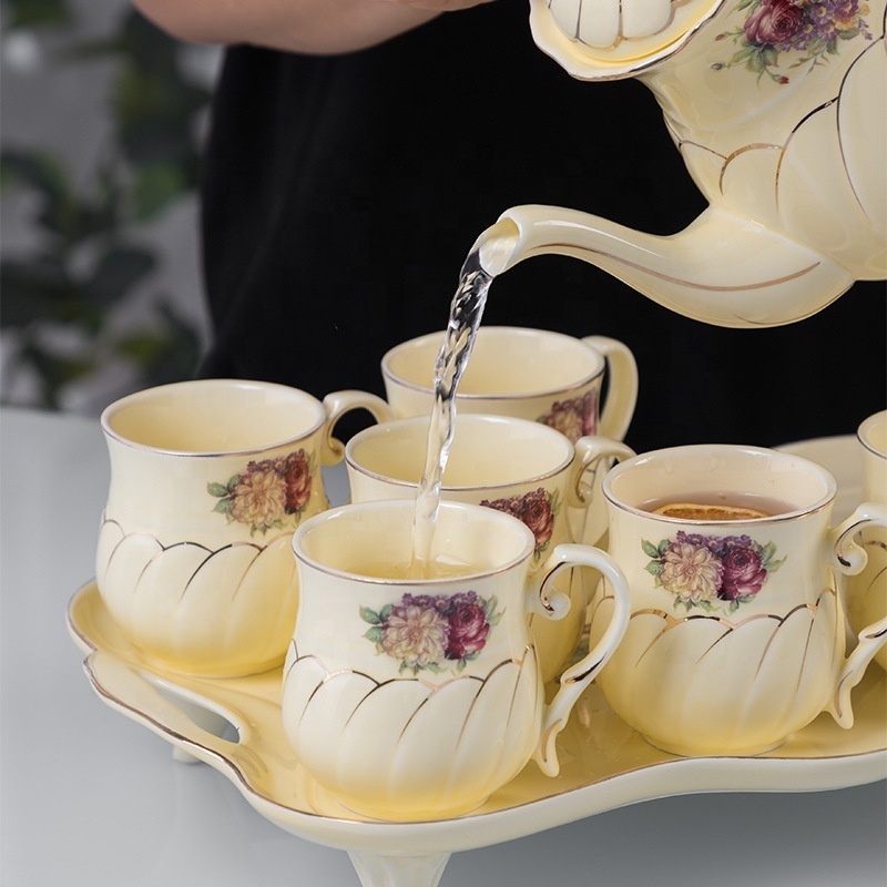 8 Pc Luxury British Coffee Cup Set with Golden Trim,  Beautiful Porcelain Tea Pot With 6 Cups & Tea Tray, For Living Room Decor