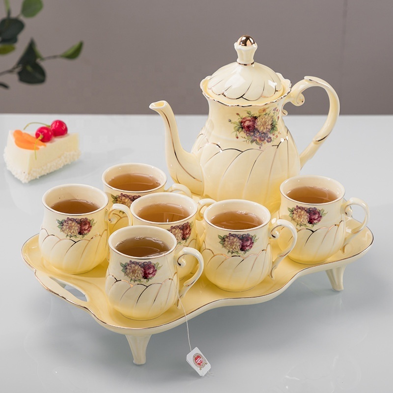 8 Pc Luxury British Coffee Cup Set with Golden Trim,  Beautiful Porcelain Tea Pot With 6 Cups & Tea Tray, For Living Room Decor