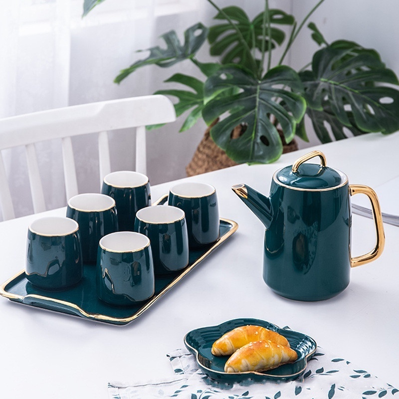 Egrand Fancy Nordic Drinkware Tea Coffee Mug Set Green Modern Luxury Afternoon Ceramic Tea Set With Tea Pot And Tray