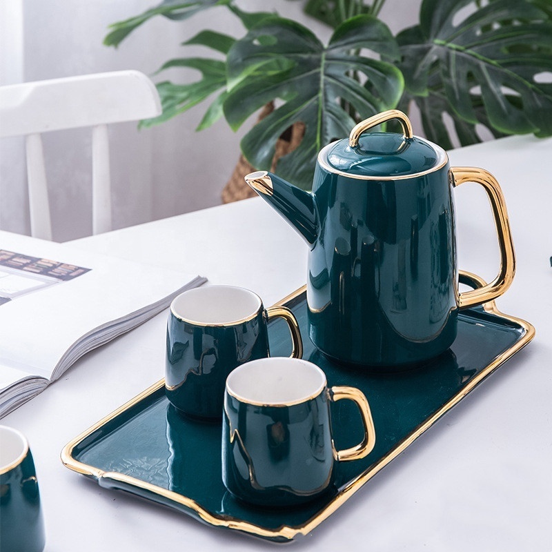 Egrand Fancy Nordic Drinkware Tea Coffee Mug Set Green Modern Luxury Afternoon Ceramic Tea Set With Tea Pot And Tray