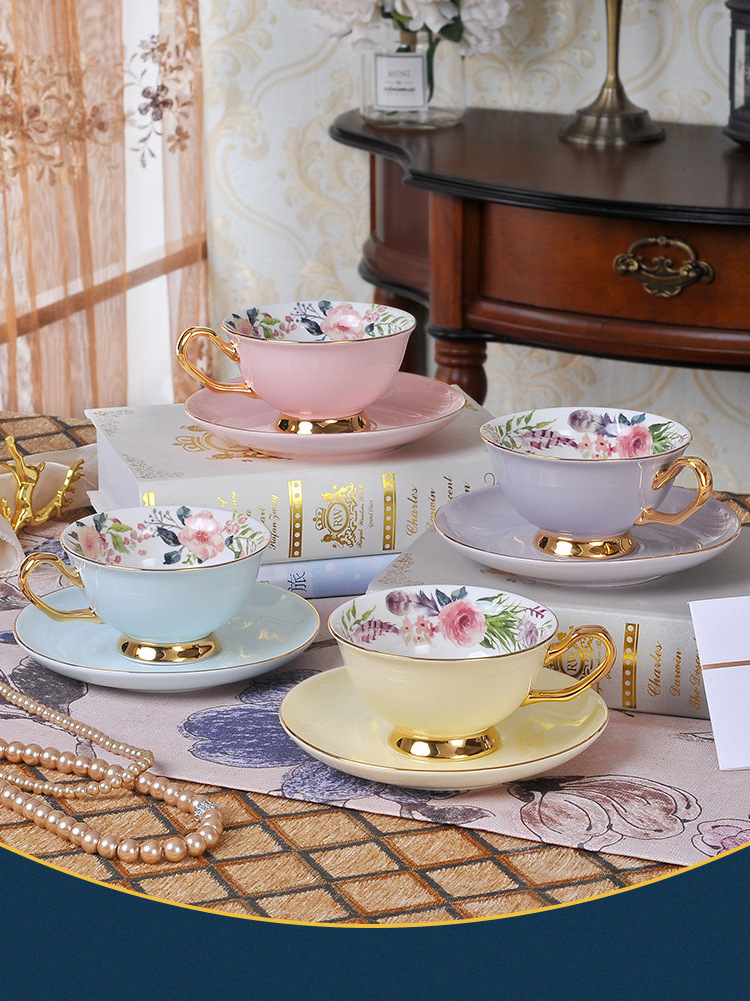 Nordic Luxury Golden Rim Fine Bone China Coffee Tea Cup and Saucer Set, Vintage Tea Cups and Saucers, Cappuccino Cup & Dish