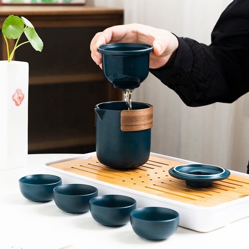 Ceramic Travel Tea Set With 1 Teapot and 4 Teacups, Handmade Portable Kungfu Tea sets/Suitable for Travel/Home/Outdoor/Office